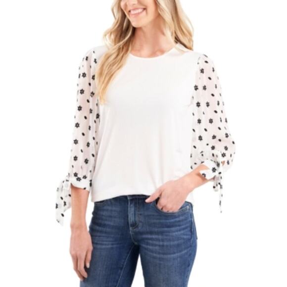 Cece Floral Embroidered Puff Sleeve Knit Top Soft Ecru White Size Small NWT - Picture 1 of 12
